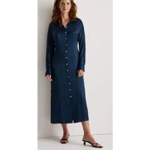 Madewell Womens Satin Maxi Shirt Dress Blue Button Up Long Sleeves